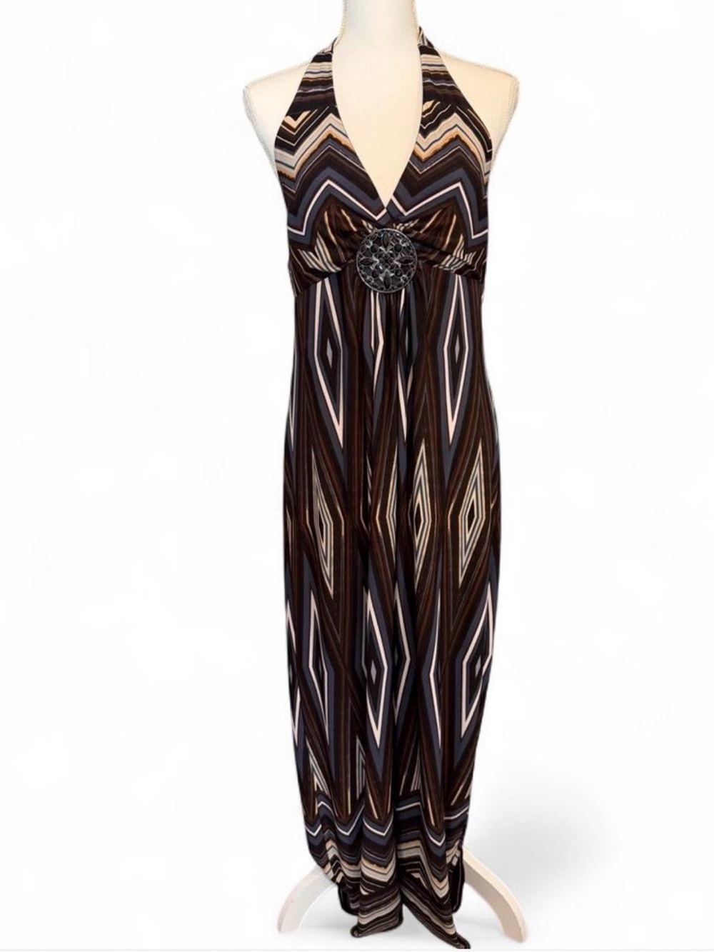 Y2K Valerie Bertinelli Brown Geometric Rhinestone Halter Tie Maxi Dress Size 14